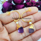 Raw Amethyst Earrings, Gold Electroplated Earrings, February Birthstone Earrings